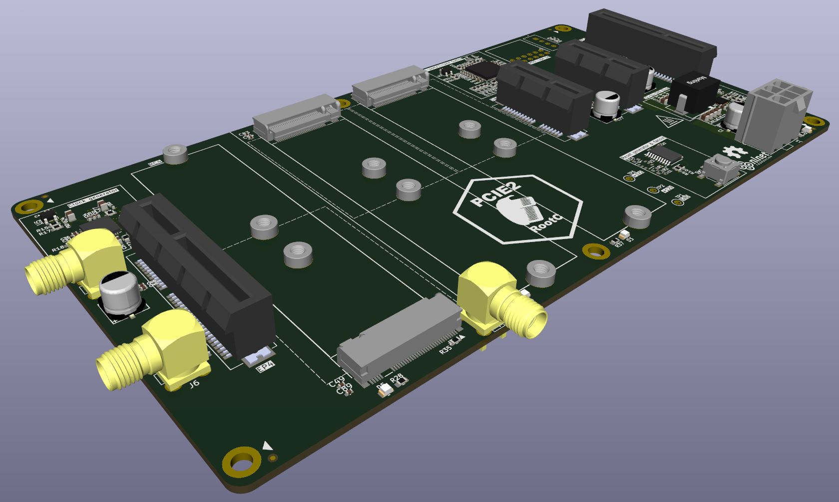 KiCad 3D rendering of the openPCIE backplane with PCIe slots, M.2 sockets, clock circuitry and power input