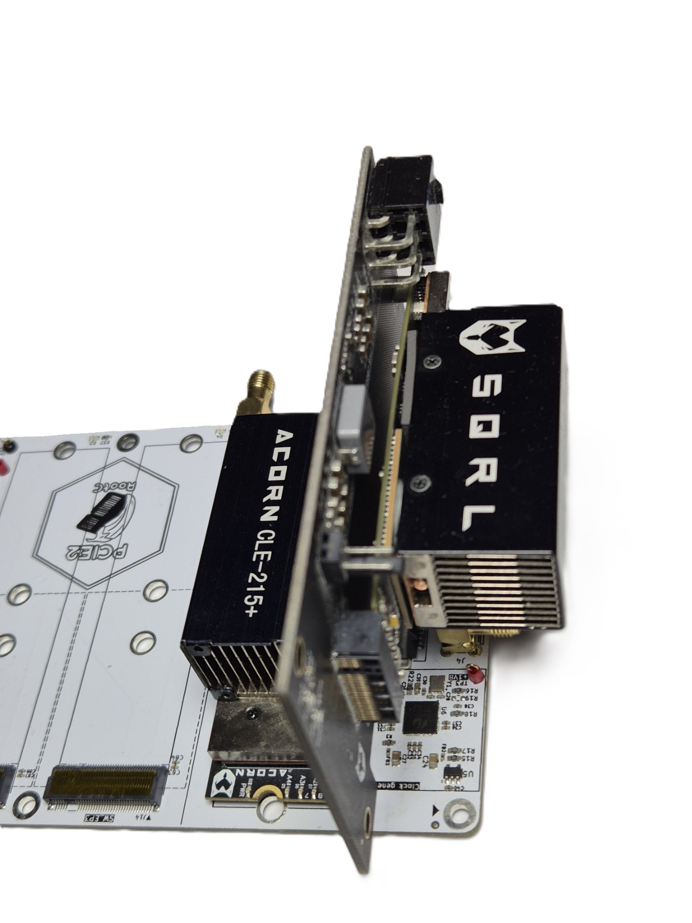 Close-up of two Acorn CLE-215+ FPGA modules connected through the openPCIE backplane