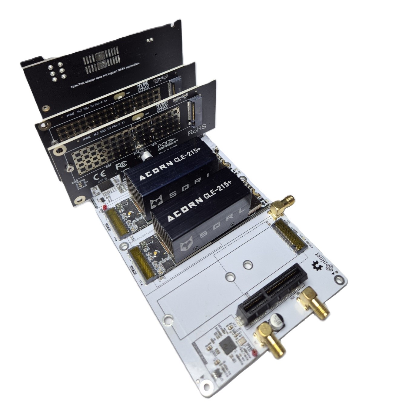 openPCIE backplane prototype populated with Acorn FPGA modules and PCIe adapter cards